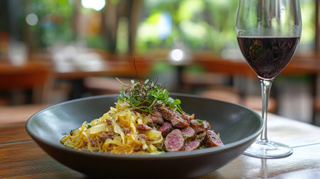 A plate of choucroute garnie with sauerkraut, sausages, and smoked pork, served in a rustic setting.の素材