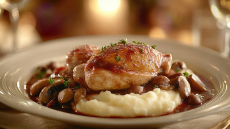 A plate of coq au vin with tender chicken, mushrooms, and red wine sauce, served with mashed potatoes.の素材