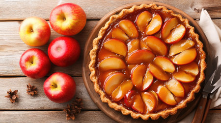 A freshly baked tarte Tatin with caramelized apples, served on a rustic wooden table.の素材