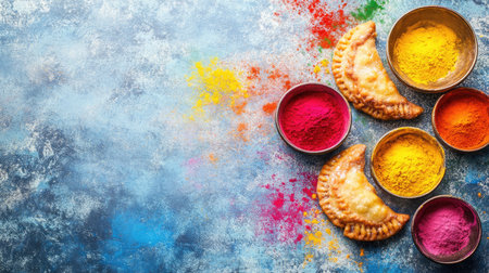A festive Holi celebration setup with Indian snacks like gujiya, mathri, and colorful powdered dyes.の素材