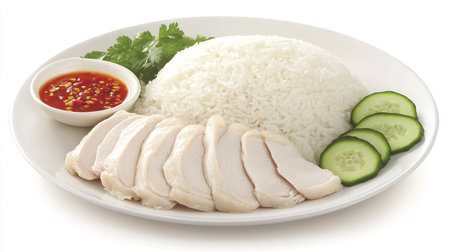 A plate of Hainanese chicken rice with poached chicken, fragrant rice, and chili sauce.の素材