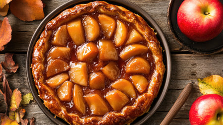 A freshly baked tarte Tatin with caramelized apples, served on a rustic wooden table.の素材