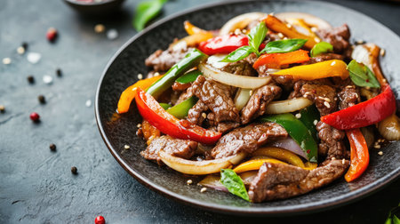A plate of black pepper beef stir-fried with onions and bell peppers.の素材