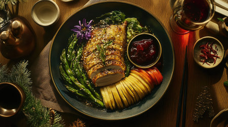 A plate of Cantonese-style roast duck with a glossy, crispy skin, sliced and served with plum sauce.の素材