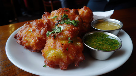 A plate of piping hot medu vada with a crispy golden crust, served with coconut chutney.の素材