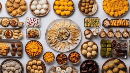 A festive Diwali food spread with decorative diyas, ladoos, and Indian sweets.の素材