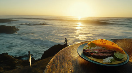 A plate of sizzling carne asada tacos with fresh cilantro, diced onions, and lime wedges on a rustic wooden table.の素材
