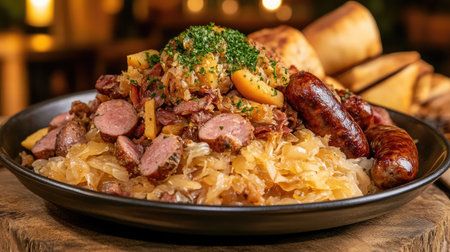 A plate of choucroute garnie with sauerkraut, sausages, and smoked pork, served in a rustic setting.の素材