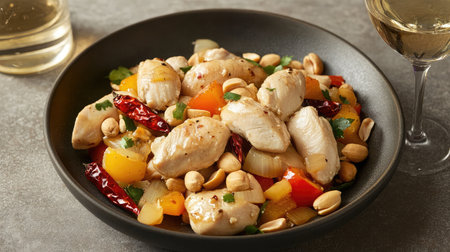 A plate of kung pao chicken with peanuts, dried chili peppers, and bell peppers.の素材