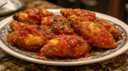 A plate of golden, crispy chiles rellenos stuffed with cheese and covered in a rich tomato sauce.の素材