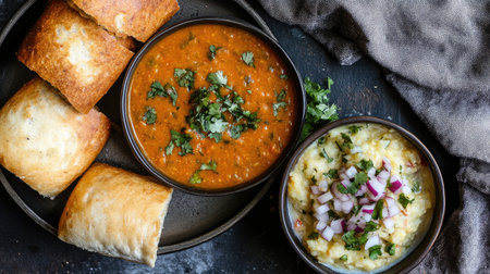 A plate of pav bhaji with buttered bread rolls and a bowl of spicy mashed vegetable curry.の素材