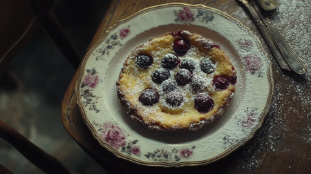A plate of clafoutis with baked cherries in a golden batter, dusted with powdered sugar.の素材