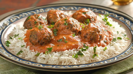 A plate of malai kofta in a rich tomato-based gravy, served with fragrant cumin rice.の素材
