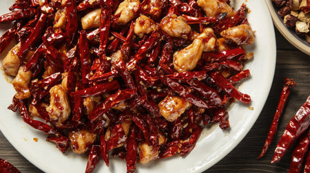 A plate of spicy Sichuan-style Chongqing chicken with dried red chilies and Sichuan peppercorns.の素材