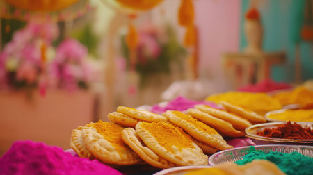 A festive Holi celebration setup with Indian snacks like gujiya, mathri, and colorful powdered dyes.の素材