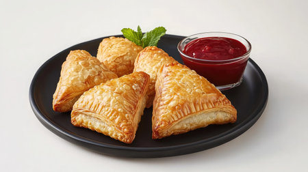 A plate of crispy samosas with golden flaky pastry, served with mint chutney and tamarind sauce.の素材