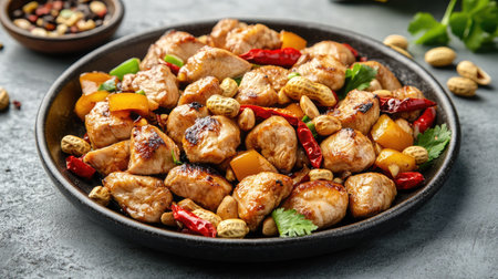 A plate of kung pao chicken with peanuts, dried chili peppers, and bell peppers.の素材