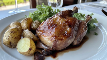 A plate of duck confit with crispy skin, served with roasted potatoes and a side of greens.の素材
