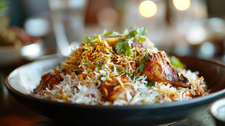 A plate of spicy biryani with fragrant basmati rice, saffron, and tender marinated chicken.の素材
