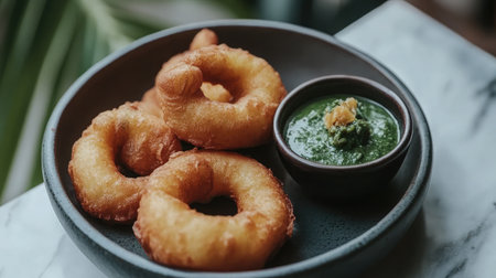 A plate of piping hot medu vada with a crispy golden crust, served with coconut chutney.の素材