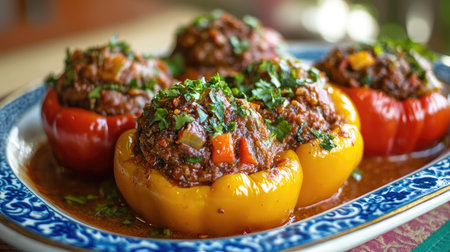 A plate of stuffed bell peppers cooked in a rich Indian masala sauce.の素材