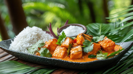 A platter of coastal-style fish curry with a side of steamed rice and coconut-based sauce.の素材