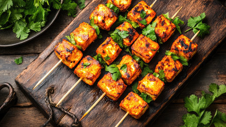 A rustic wooden board with freshly made paneer tikka skewers, charred and garnished with cilantro.の素材