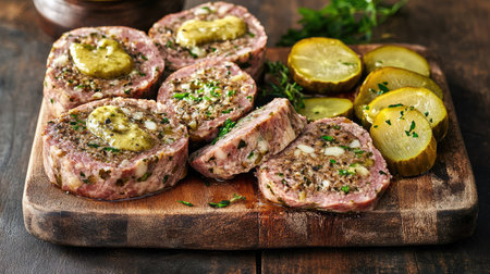 A rustic wooden board with slices of pt en crote, served with pickles and mustard.の素材