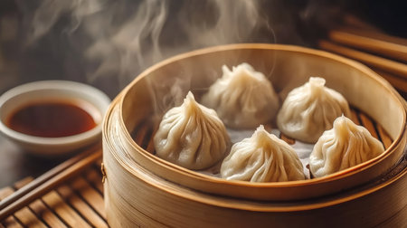 A steaming basket of xiao long bao soup dumplings with dipping sauce and chopsticks on a bamboo mat.の素材