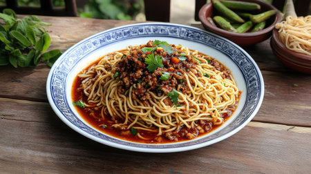 A rustic wooden table with a plate of hand-pulled biang biang noodles in spicy sauce.の素材