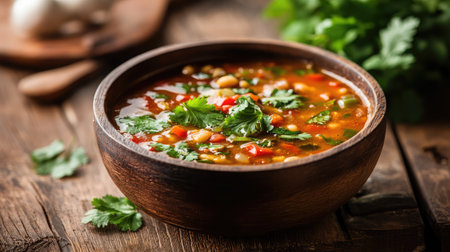 A rustic wooden table with a bowl of hot and sour soup garnished with fresh cilantro.の素材