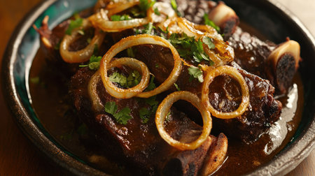 A platter of slow-cooked nihari with tender meat, garnished with fried onions and fresh coriander.の素材