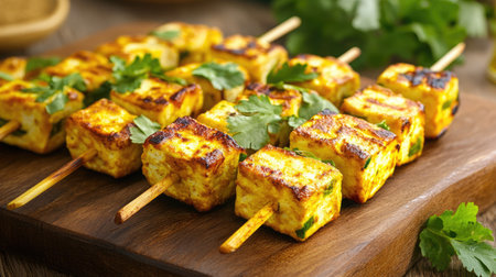 A rustic wooden board with freshly made paneer tikka skewers, charred and garnished with cilantro.の素材