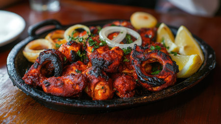 A platter of tandoori chicken with charred edges, garnished with lemon wedges and onion rings.の素材
