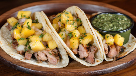 A rustic wooden plate with three al pastor tacos topped with pineapple and a side of salsa verde.の素材