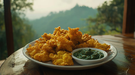 A platter of crispy, golden pakoras served with a side of green chutney and masala chai.の素材