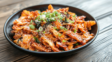 A rustic wooden table with a plate of hand-pulled biang biang noodles in spicy sauce.の素材