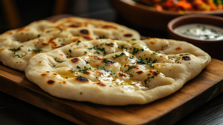 A rustic wooden platter with fluffy garlic naan, brushed with melted butter and sprinkled with chopped coriander.の素材