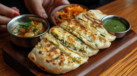 A set of kulchas stuffed with spicy paneer filling, served with tangy pickles.の素材