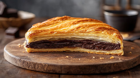 A rustic wooden board with a freshly baked pain au chocolat, layers of flaky pastry visible.の素材
