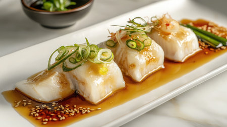 A plate of steamed fish with ginger, scallions, and soy sauce, served on a long white plate.の素材