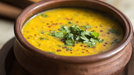 A sizzling clay pot filled with slow-cooked dal tadka, garnished with fresh coriander.の素材
