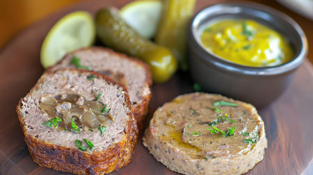 A rustic wooden board with slices of pt en crote, served with pickles and mustard.の素材