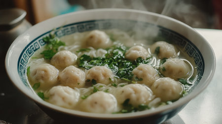 A steaming bowl of Chinese fish ball soup with fresh herbs and a clear broth.の素材