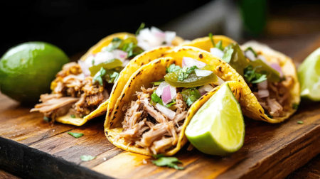 A rustic wooden board with three soft-shell carnitas tacos, topped with pickled onions and fresh lime wedges.の素材