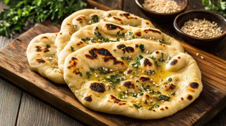 A rustic wooden table with freshly baked naan bread, brushed with ghee and sprinkled with sesame seeds.の素材