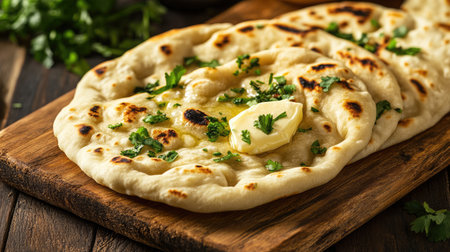 A rustic wooden platter with fluffy garlic naan, brushed with melted butter and sprinkled with chopped coriander.の素材