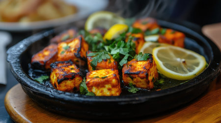A sizzling iron plate of hot and spicy paneer tikka, garnished with fresh coriander and lemon slices.の素材