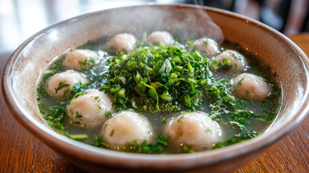 A steaming bowl of Chinese fish ball soup with fresh herbs and a clear broth.の素材