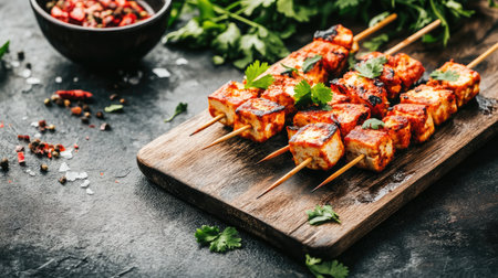 A rustic wooden board with freshly made paneer tikka skewers, charred and garnished with cilantro.の素材